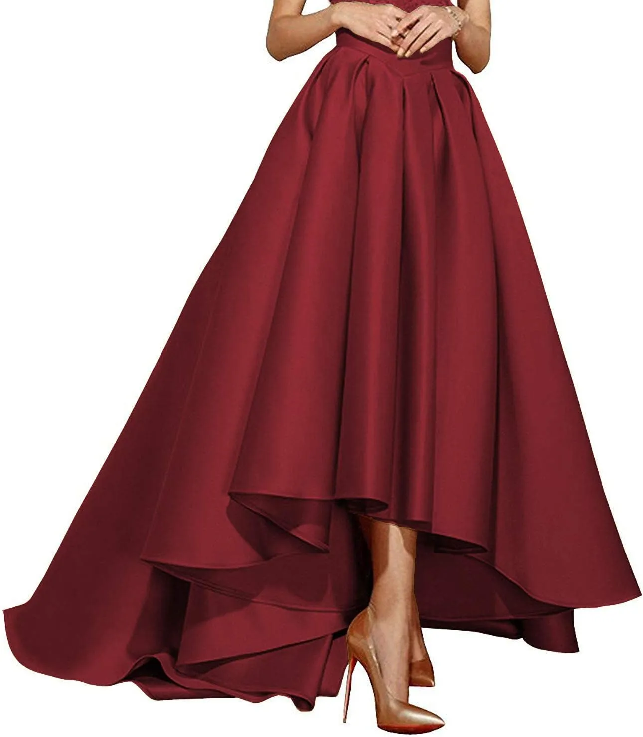 High Low Satin Skirts Pleated Maxi A Line High Waist Formal Prom Skirt Wedding Dress for Women