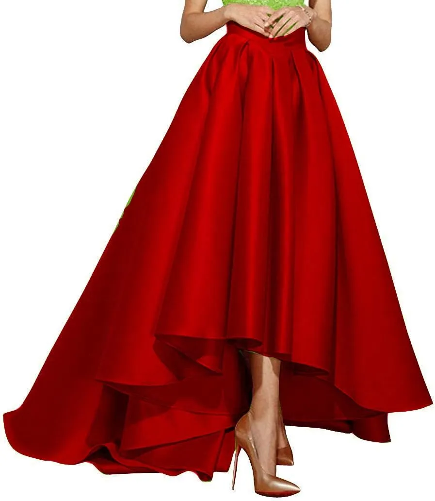 High Low Satin Skirts Pleated Maxi A Line High Waist Formal Prom Skirt Wedding Dress for Women