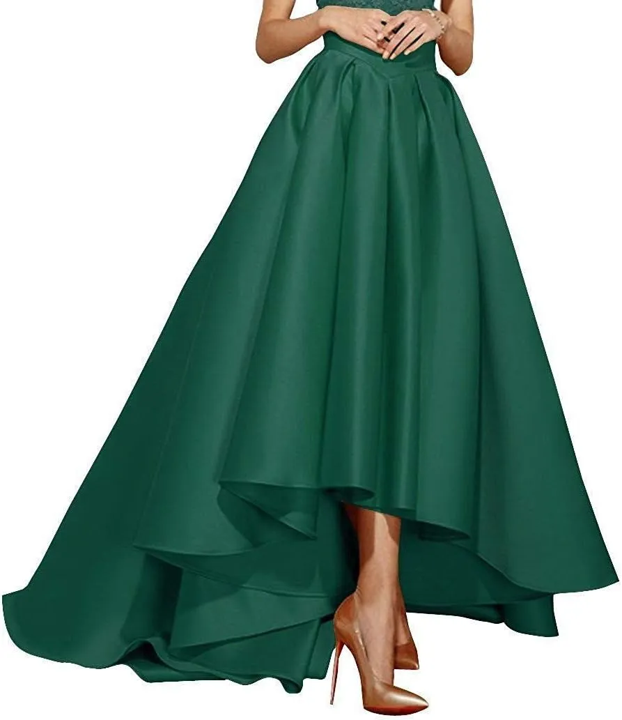 High Low Satin Skirts Pleated Maxi A Line High Waist Formal Prom Skirt Wedding Dress for Women