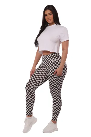 High Waist Fleece Lined Leggings With Side Pockets - Black & White Checkered