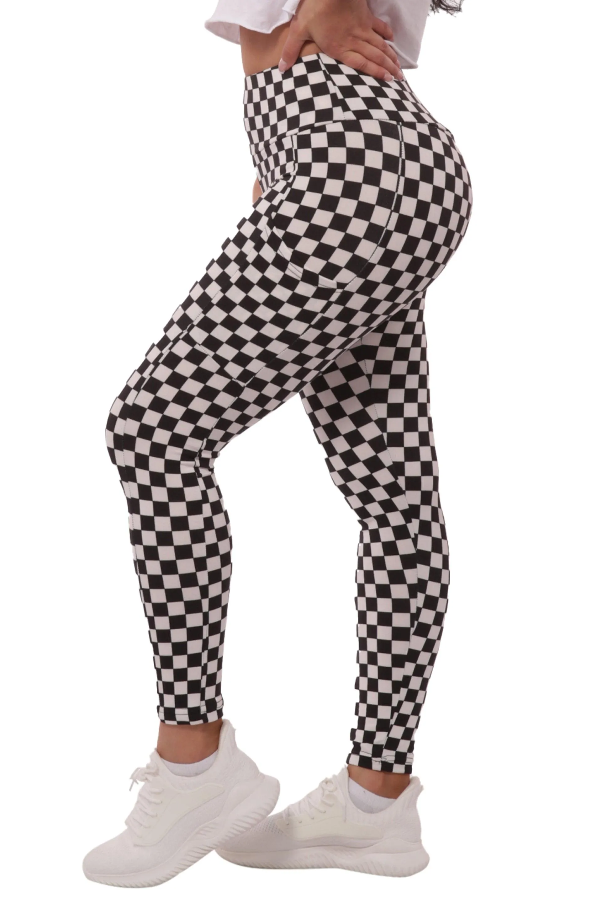 High Waist Fleece Lined Leggings With Side Pockets - Black & White Checkered