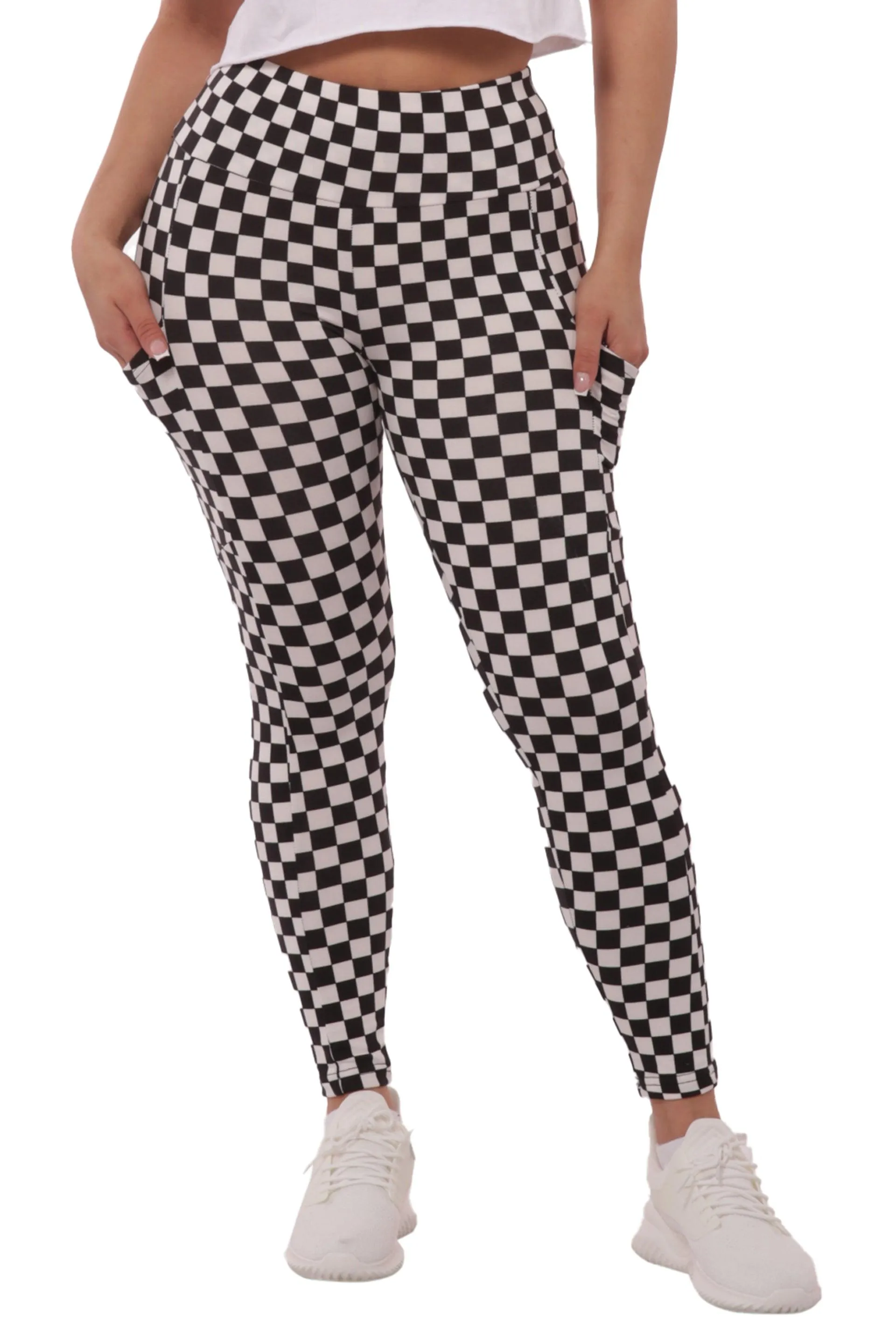 High Waist Fleece Lined Leggings With Side Pockets - Black & White Checkered