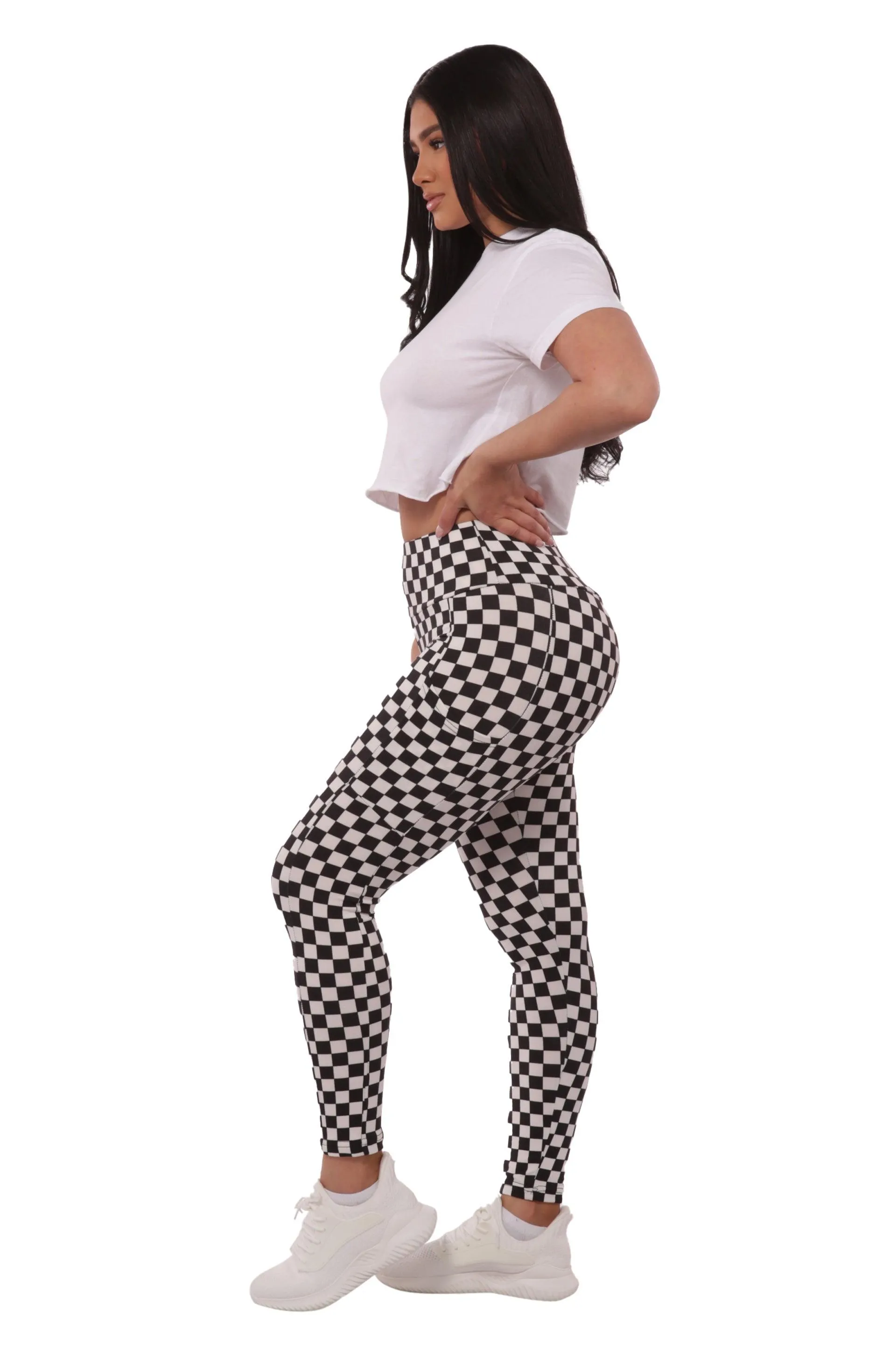 High Waist Fleece Lined Leggings With Side Pockets - Black & White Checkered