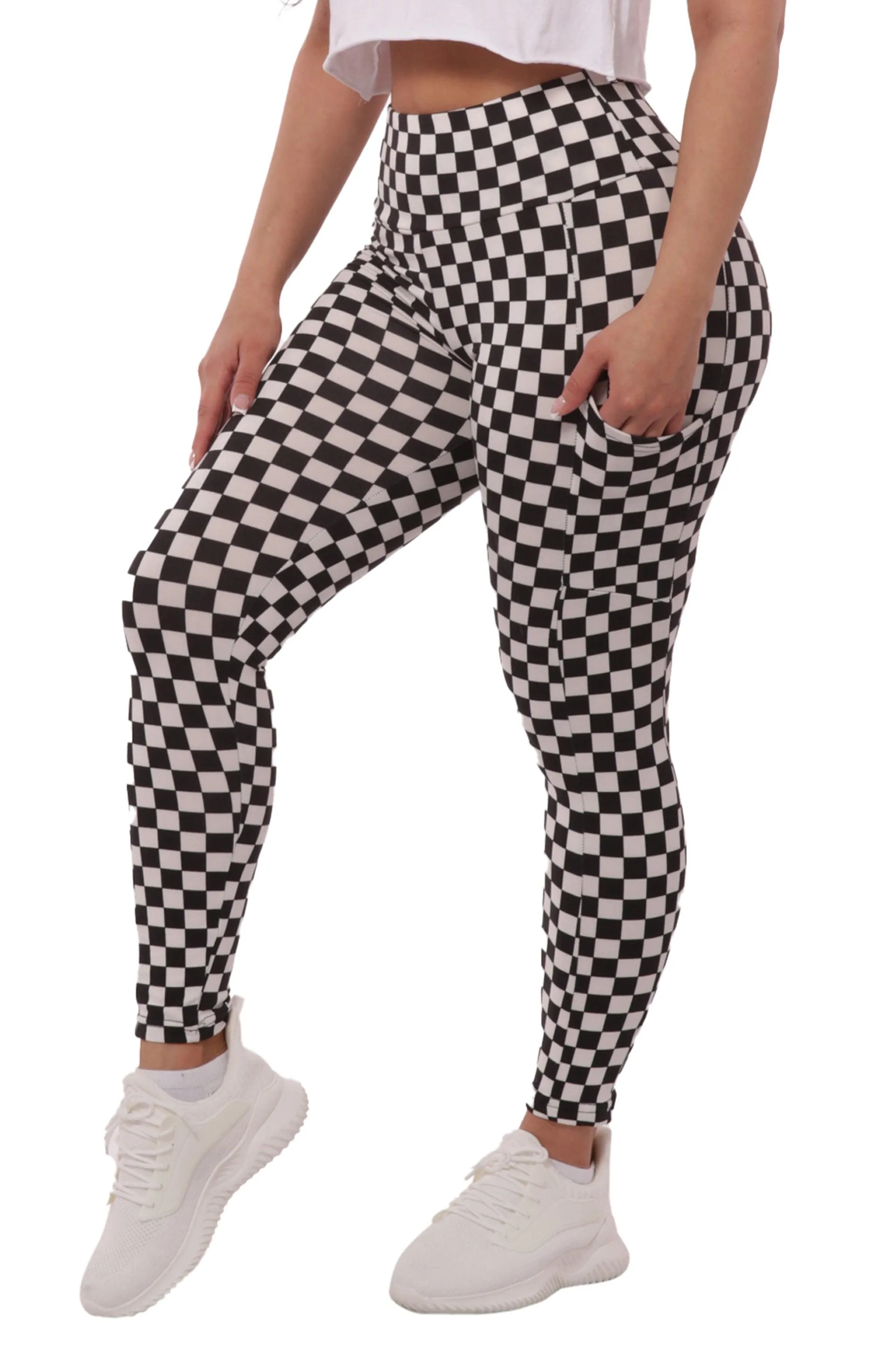 High Waist Fleece Lined Leggings With Side Pockets - Black & White Checkered