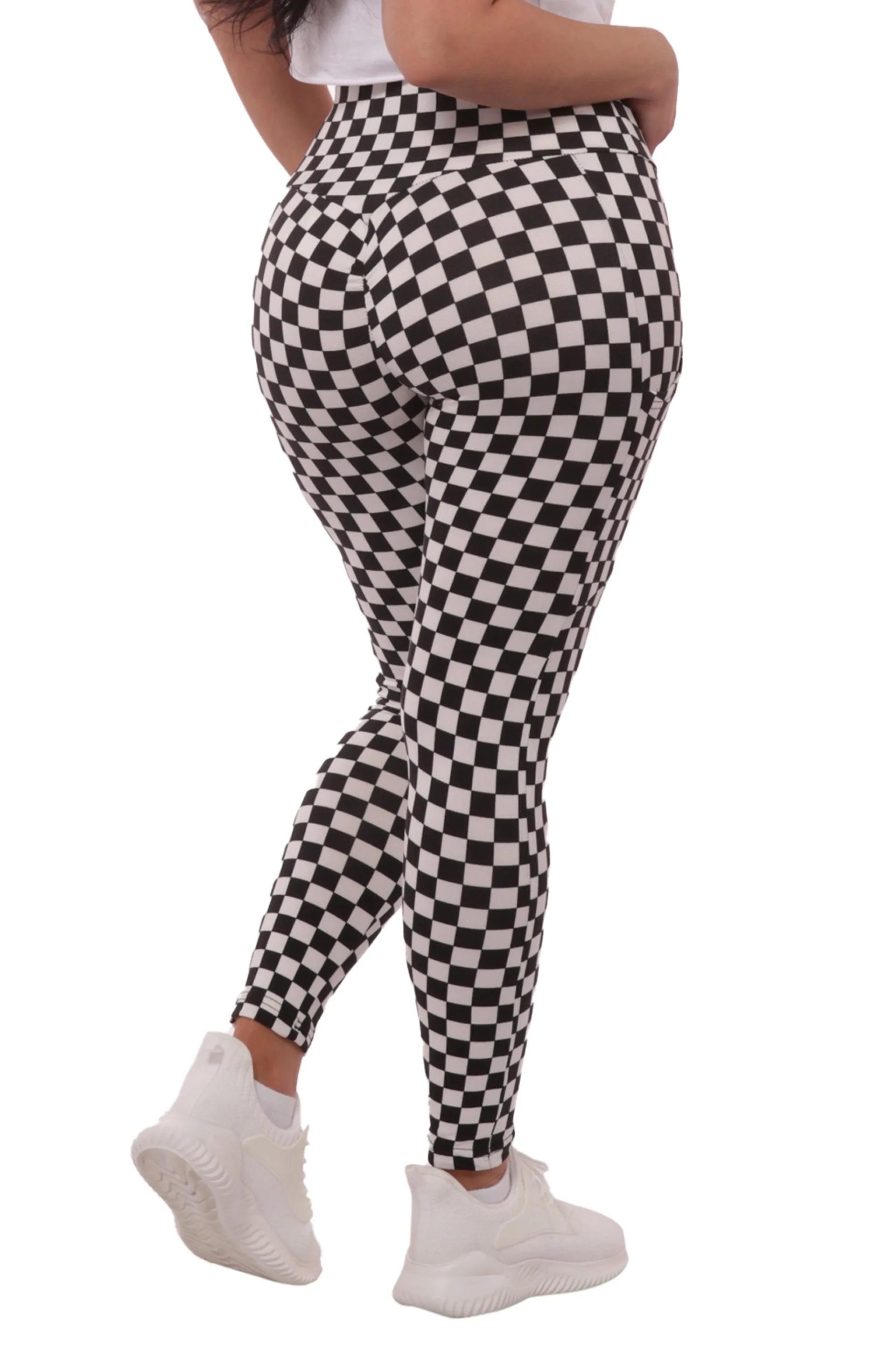 High Waist Fleece Lined Leggings With Side Pockets - Black & White Checkered