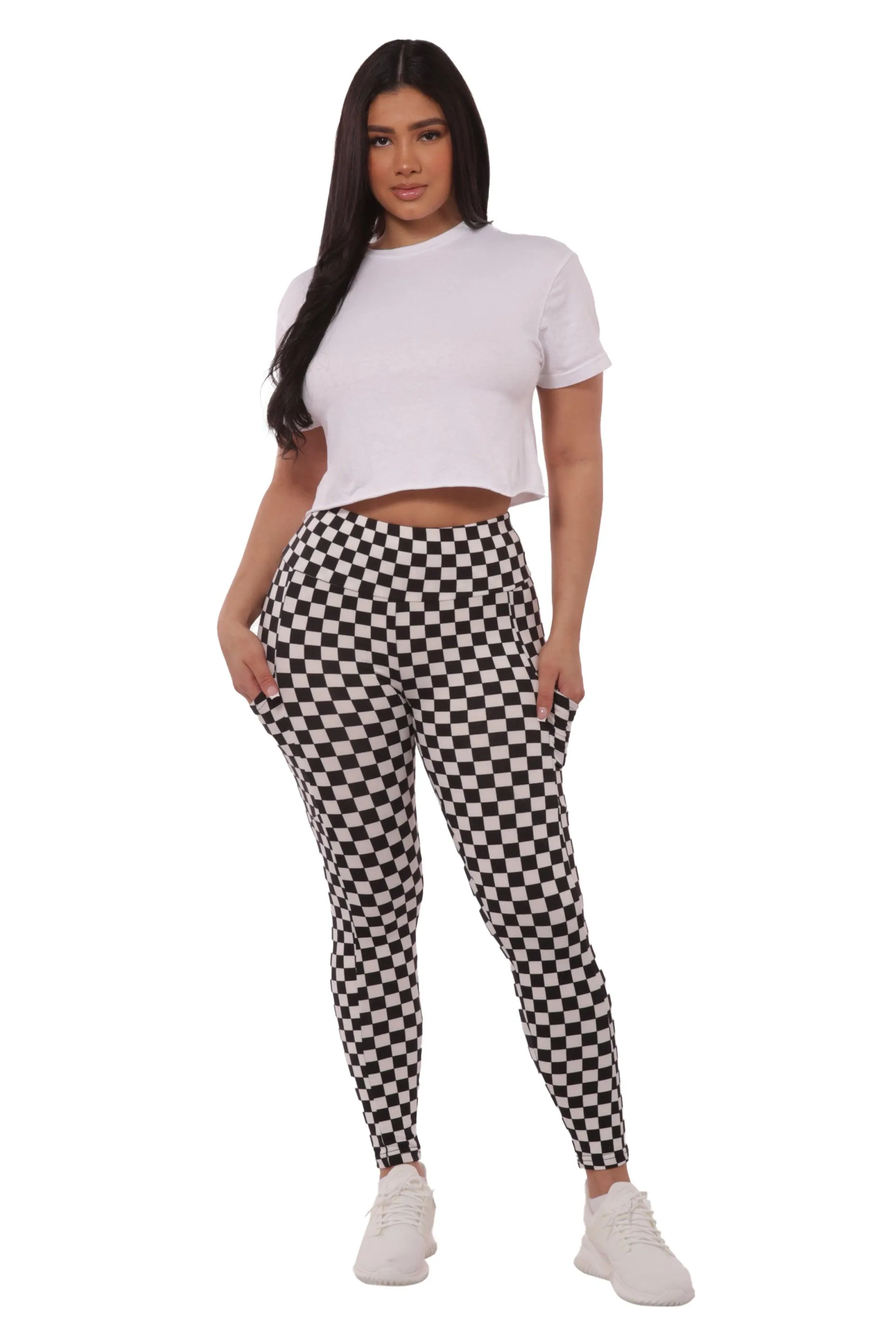 High Waist Fleece Lined Leggings With Side Pockets - Black & White Checkered