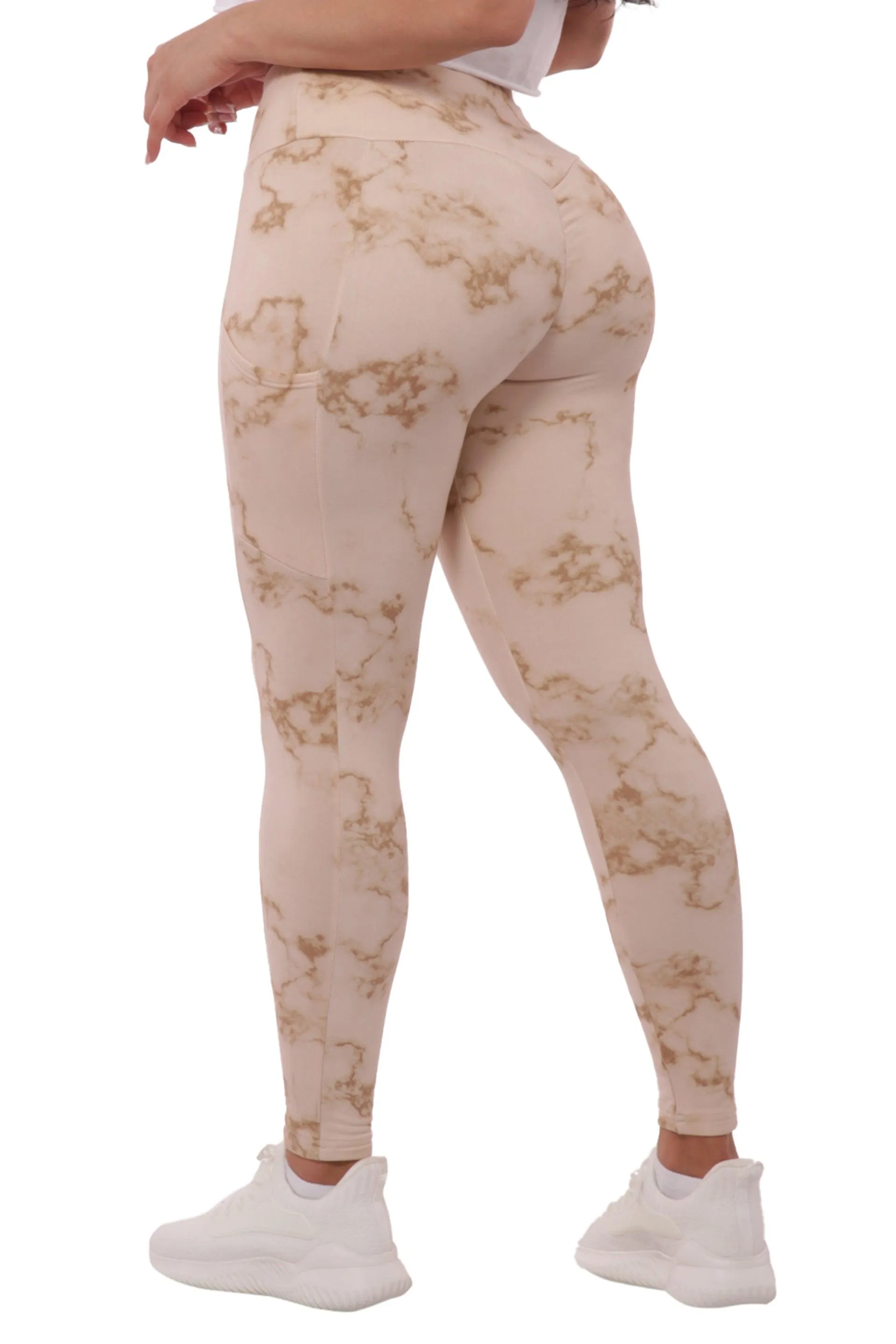 High Waist Fleece Lined Leggings With Side Pockets - Cream Tie Dye