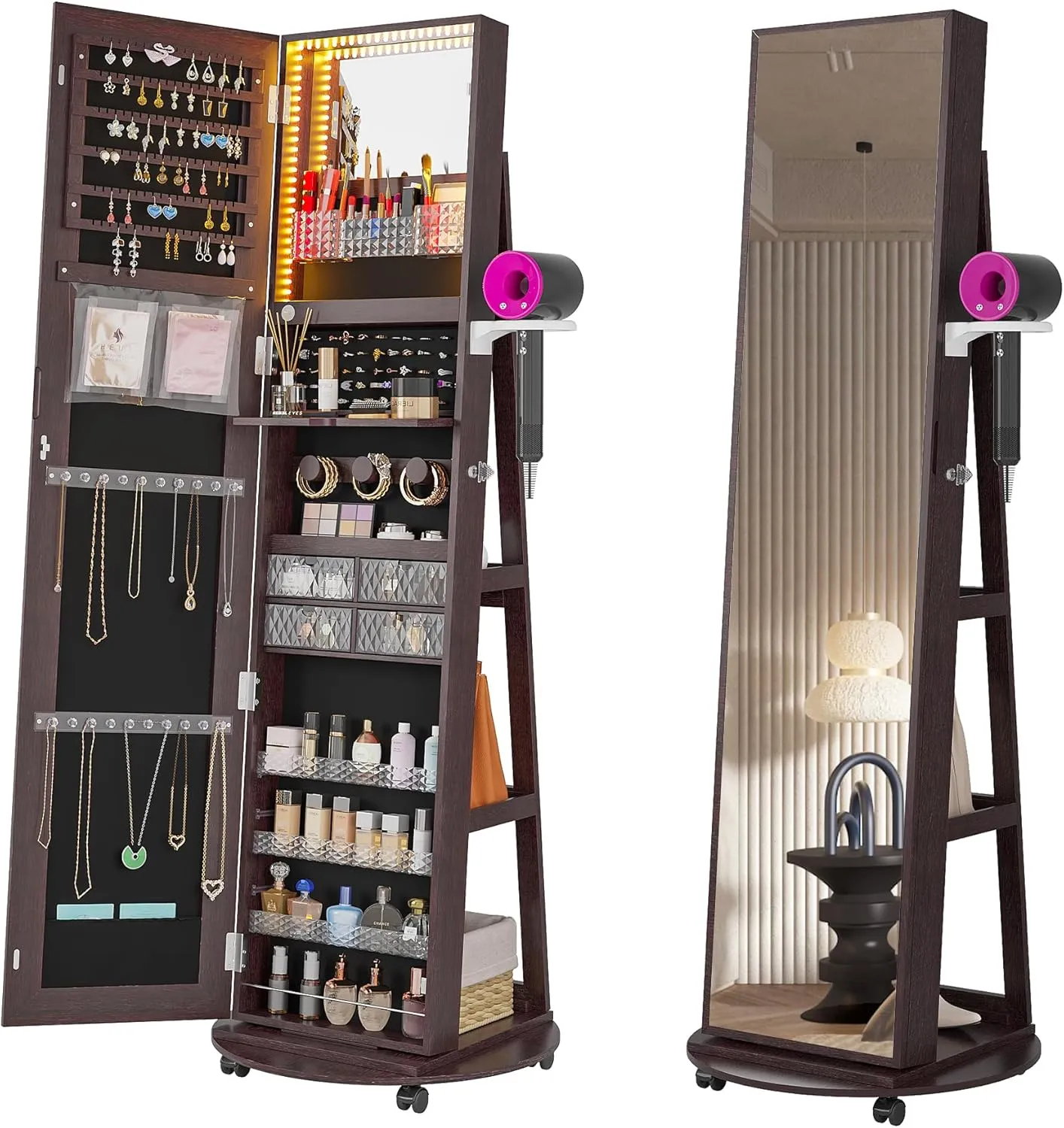 HNEBC 360 Swivel Jewelry Armoire with Mirror, LED Mirror Jewelry Cabinet Standing, Full Length Mirror with Jewelry Storage, Standing Jewelry Organizer/Lockable Wheels/Foldable Makeup Shelf (Brown)