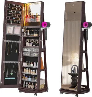 HNEBC 360 Swivel Jewelry Armoire with Mirror, LED Mirror Jewelry Cabinet Standing, Full Length Mirror with Jewelry Storage, Standing Jewelry Organizer/Lockable Wheels/Foldable Makeup Shelf (Brown)