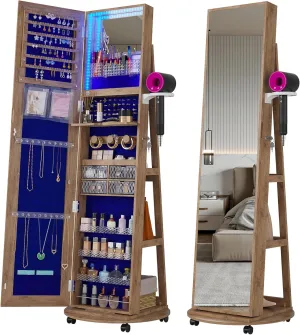 HNEBC 360 Swivel Jewelry Armoire with Mirror, LED Mirror Jewelry Cabinet Standing, Full Length Mirror with Jewelry Storage, Standing Jewelry Organizer/Lockable Wheels/Foldable Makeup Shelf (Wood)