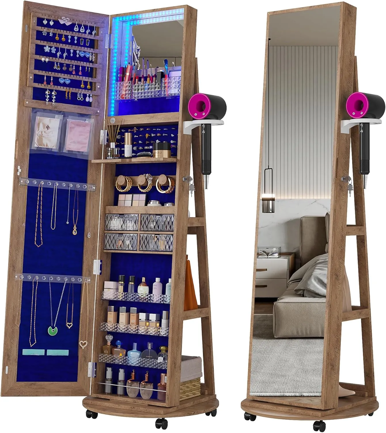 HNEBC 360 Swivel Jewelry Armoire with Mirror, LED Mirror Jewelry Cabinet Standing, Full Length Mirror with Jewelry Storage, Standing Jewelry Organizer/Lockable Wheels/Foldable Makeup Shelf (Wood)