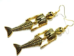 Hypoallergenic Mermaid Skeleton Earrings Goldtone dangling nickel-free hooks punk gothic sirens
