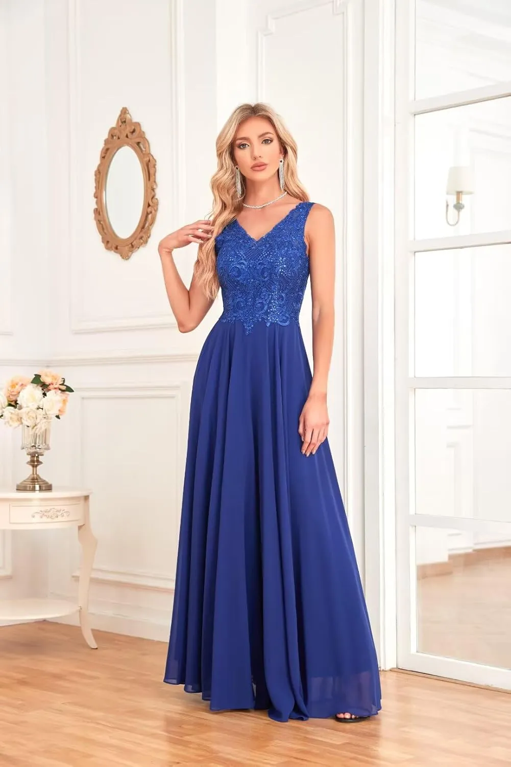 IIF Women's V Neck Formal Dress Maxi Lace Chiffon Long Bridesmaid Dresses for Wedding Mother of The Bride Dress IIF037