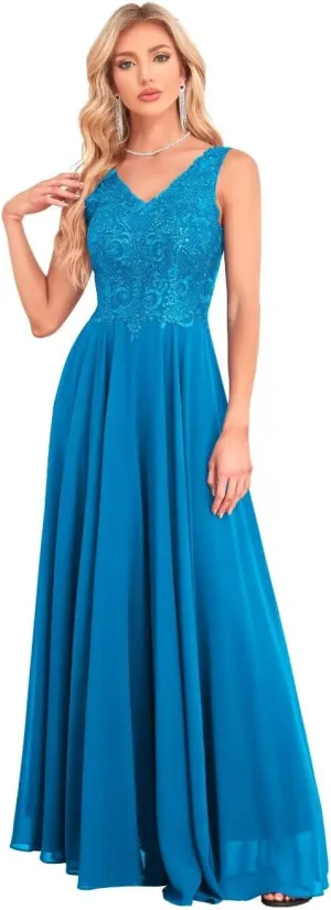 IIF Women's V Neck Formal Dress Maxi Lace Chiffon Long Bridesmaid Dresses for Wedding Mother of The Bride Dress IIF037