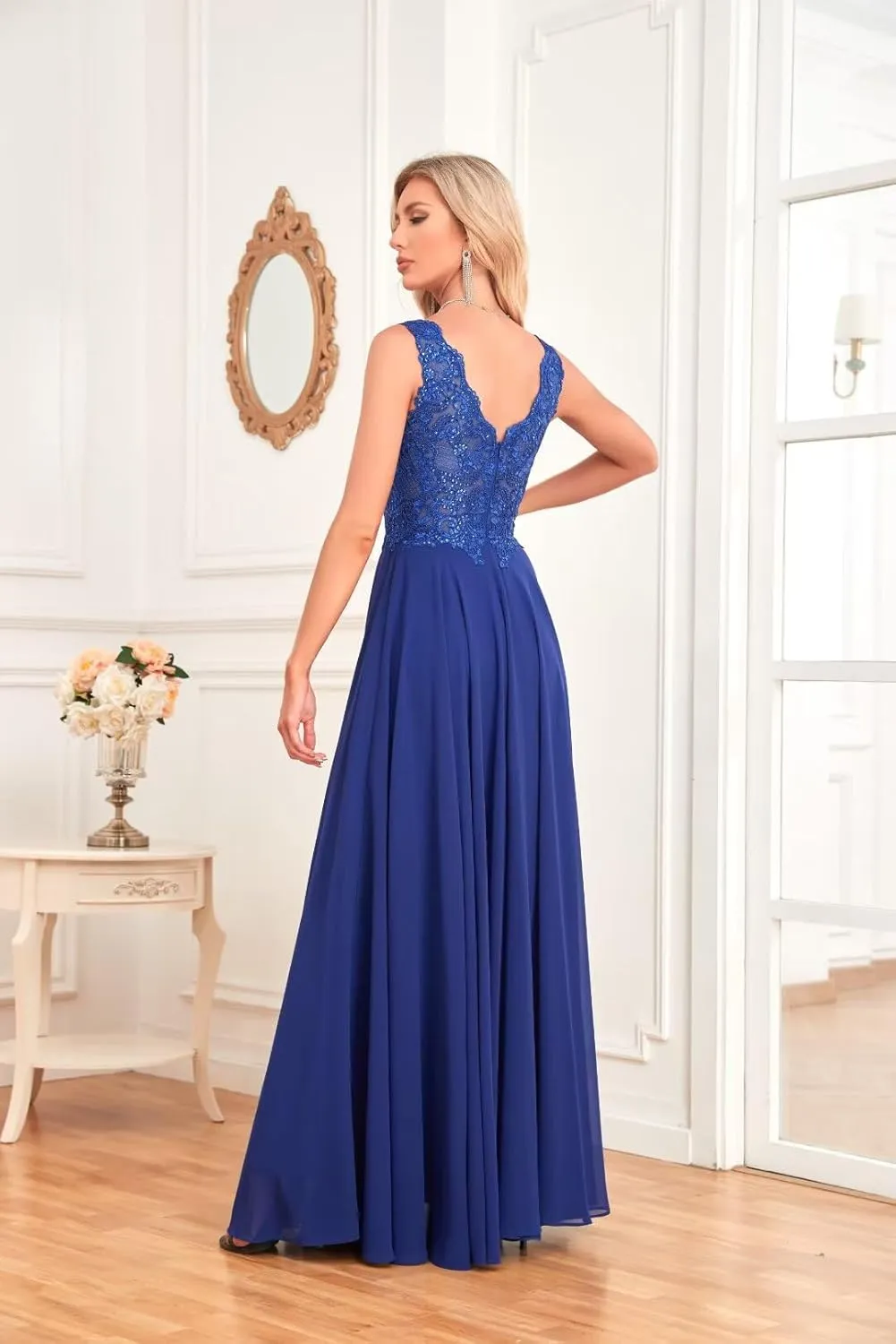 IIF Women's V Neck Formal Dress Maxi Lace Chiffon Long Bridesmaid Dresses for Wedding Mother of The Bride Dress IIF037