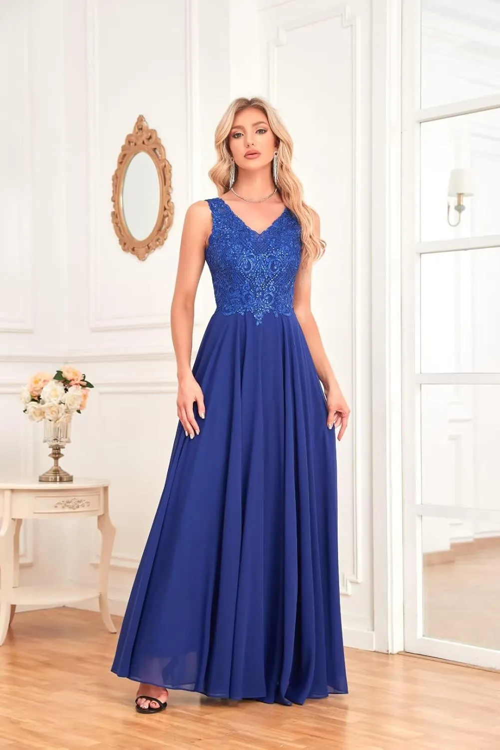 IIF Women's V Neck Formal Dress Maxi Lace Chiffon Long Bridesmaid Dresses for Wedding Mother of The Bride Dress IIF037