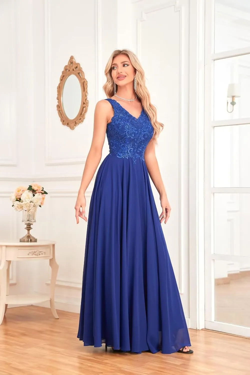 IIF Women's V Neck Formal Dress Maxi Lace Chiffon Long Bridesmaid Dresses for Wedding Mother of The Bride Dress IIF037
