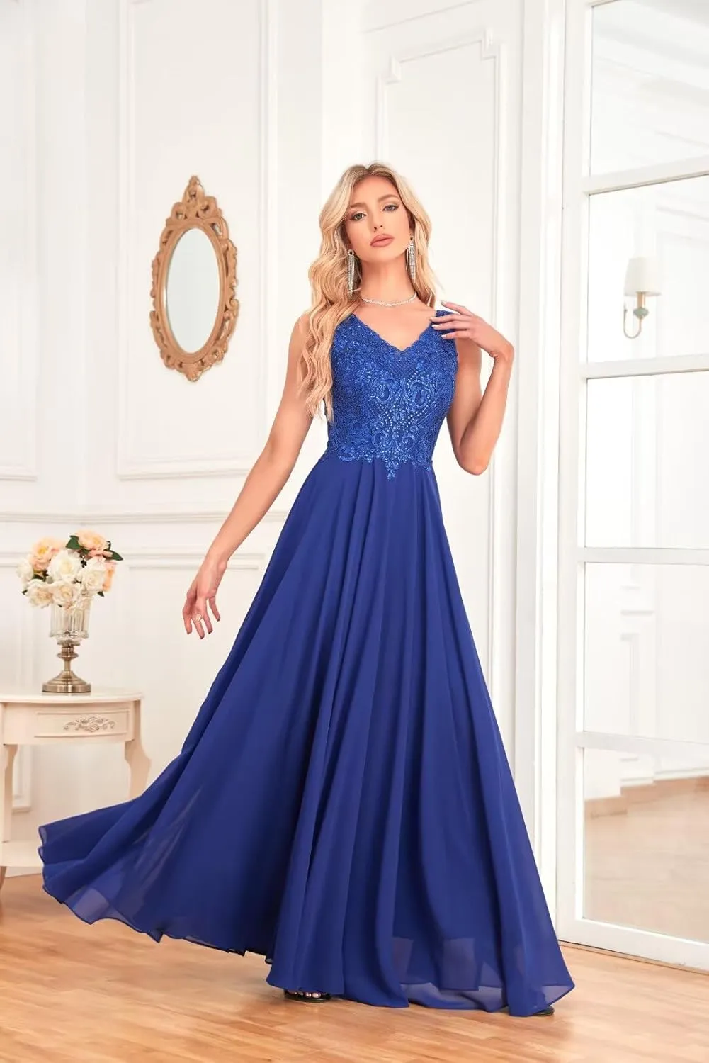 IIF Women's V Neck Formal Dress Maxi Lace Chiffon Long Bridesmaid Dresses for Wedding Mother of The Bride Dress IIF037