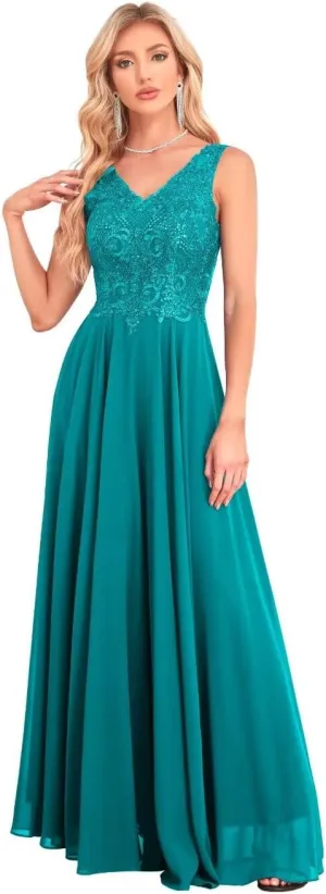 IIF Women's V Neck Formal Dress Maxi Lace Chiffon Long Bridesmaid Dresses for Wedding Mother of The Bride Dress IIF037