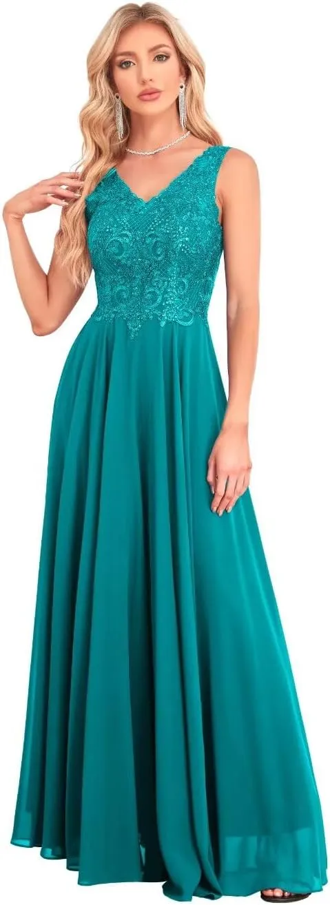 IIF Women's V Neck Formal Dress Maxi Lace Chiffon Long Bridesmaid Dresses for Wedding Mother of The Bride Dress IIF037