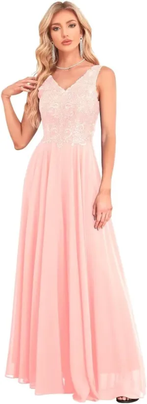 IIF Women's V Neck Formal Dress Maxi Lace Chiffon Long Bridesmaid Dresses for Wedding Mother of The Bride Dress IIF037