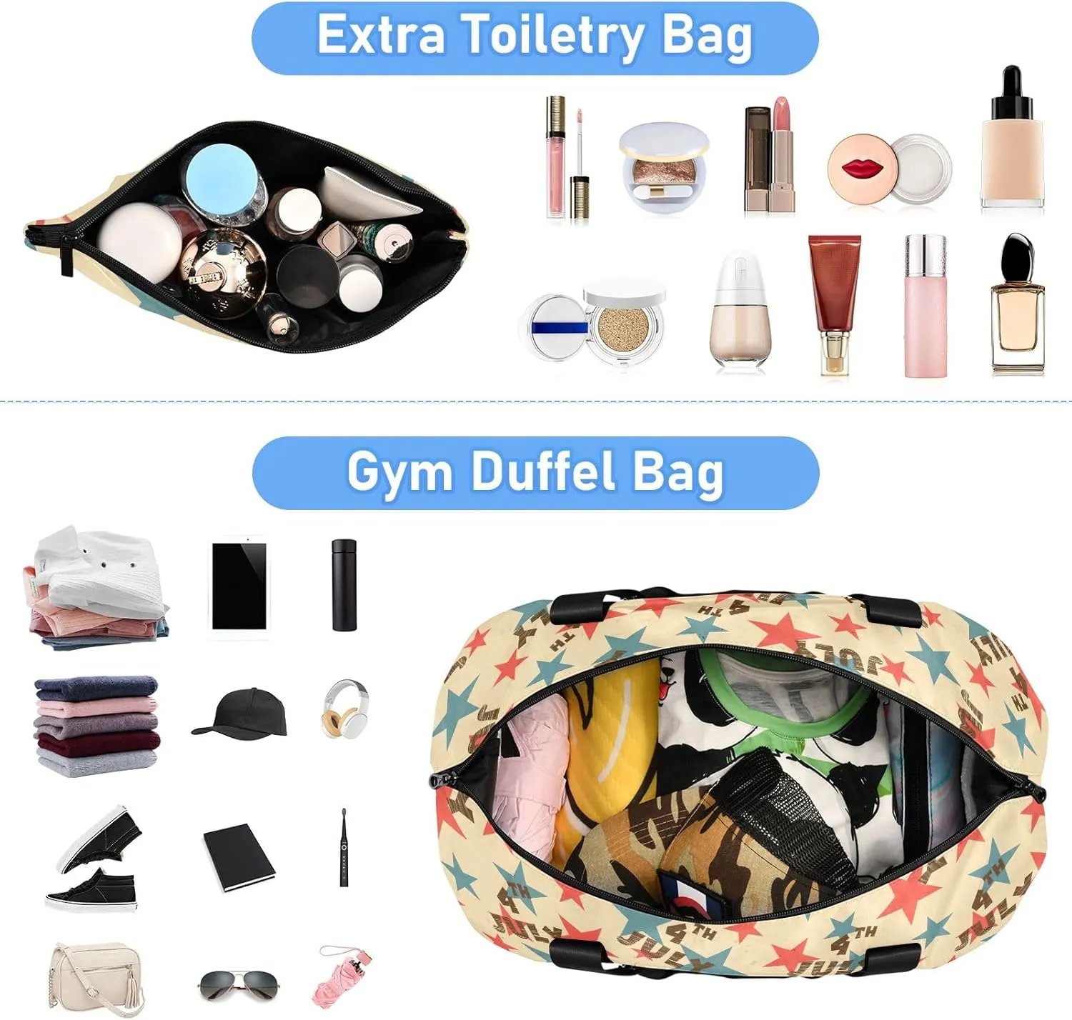 Independence Day Vintage Stars Waterproof Travel Weekender Bag for Women with Toiletry Bag Foldable Travel Duffel Bag