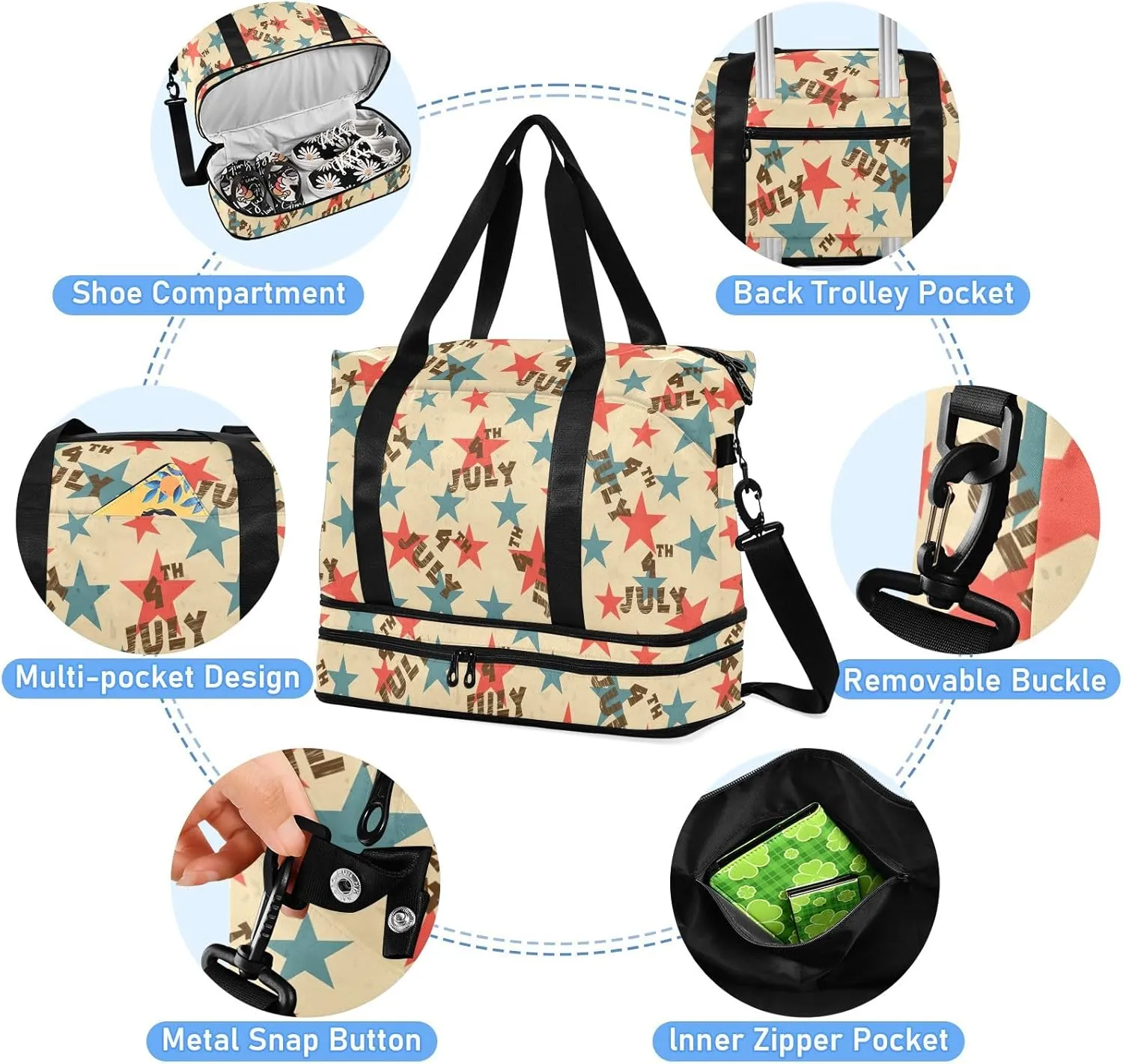 Independence Day Vintage Stars Waterproof Travel Weekender Bag for Women with Toiletry Bag Foldable Travel Duffel Bag