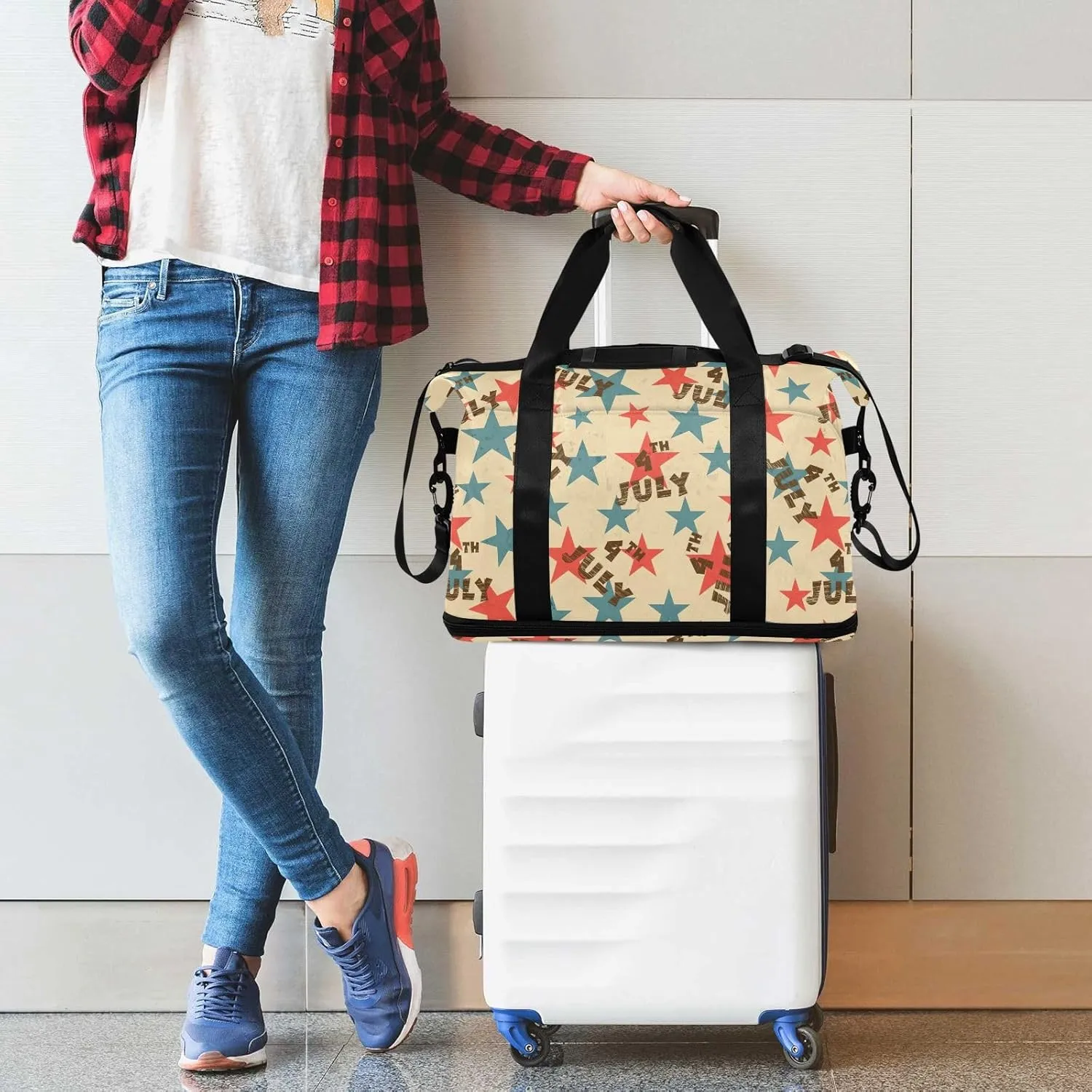 Independence Day Vintage Stars Waterproof Travel Weekender Bag for Women with Toiletry Bag Foldable Travel Duffel Bag