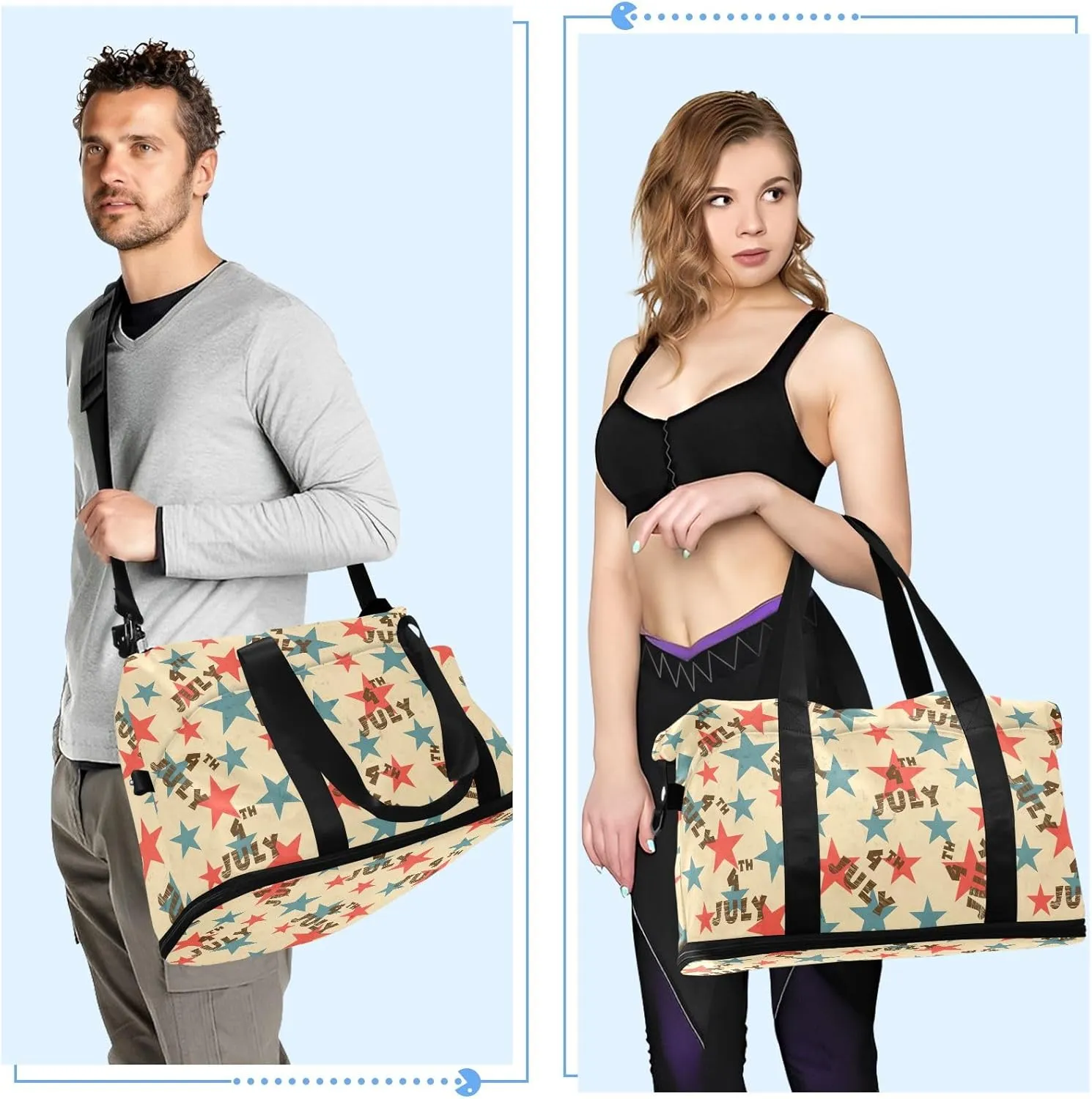 Independence Day Vintage Stars Waterproof Travel Weekender Bag for Women with Toiletry Bag Foldable Travel Duffel Bag