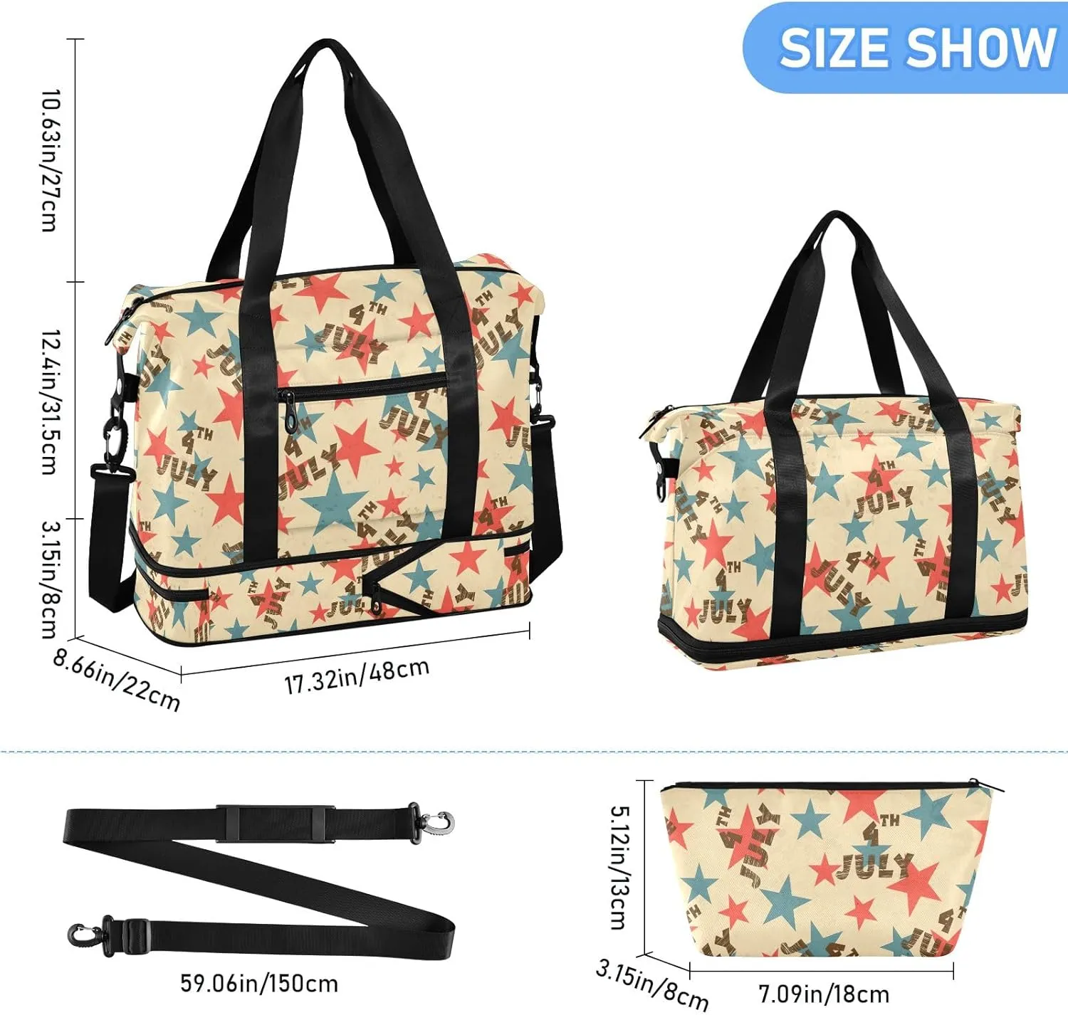 Independence Day Vintage Stars Waterproof Travel Weekender Bag for Women with Toiletry Bag Foldable Travel Duffel Bag