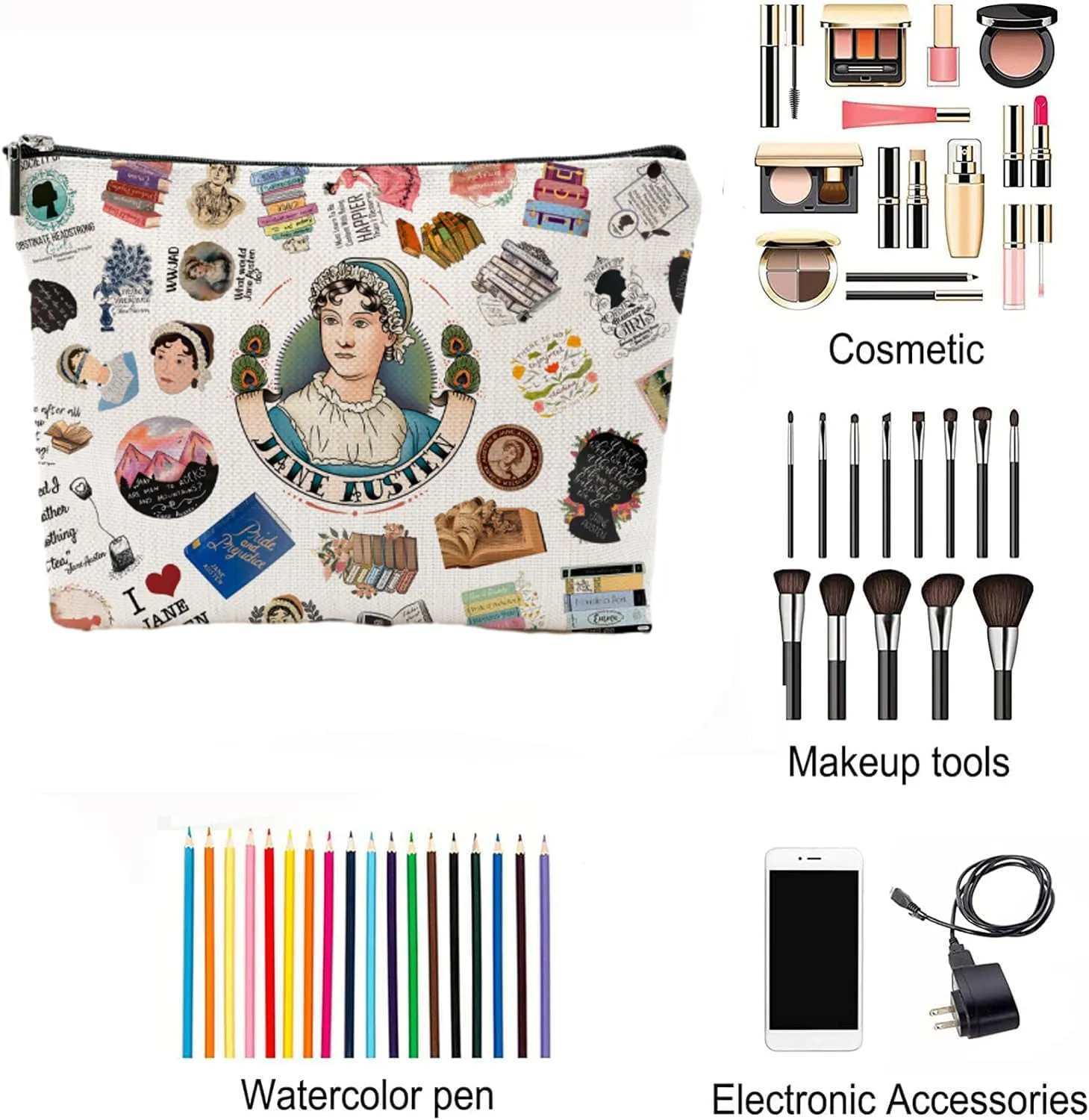 Jane Austen Gifts for Women, Pride and Prejudice Gifts Literary Gifts Bookish Gift Zipper Pouch Cosmetics Bag
