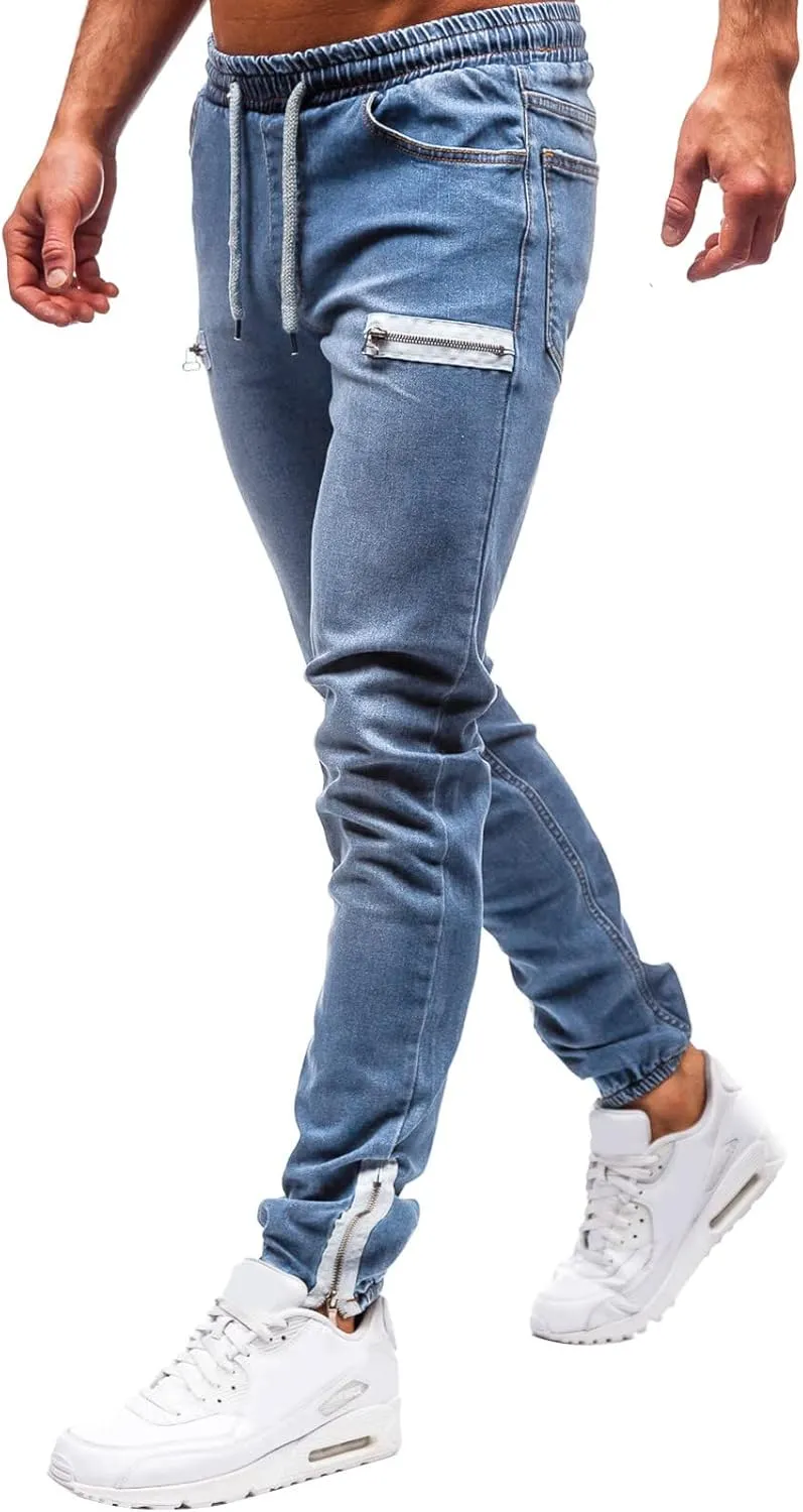 Jeans for Men Slim Fit Vintage Jeans Loose Denim Pants with Zipper Pockets Hip Hop Elastic Dance Pants Streetwear