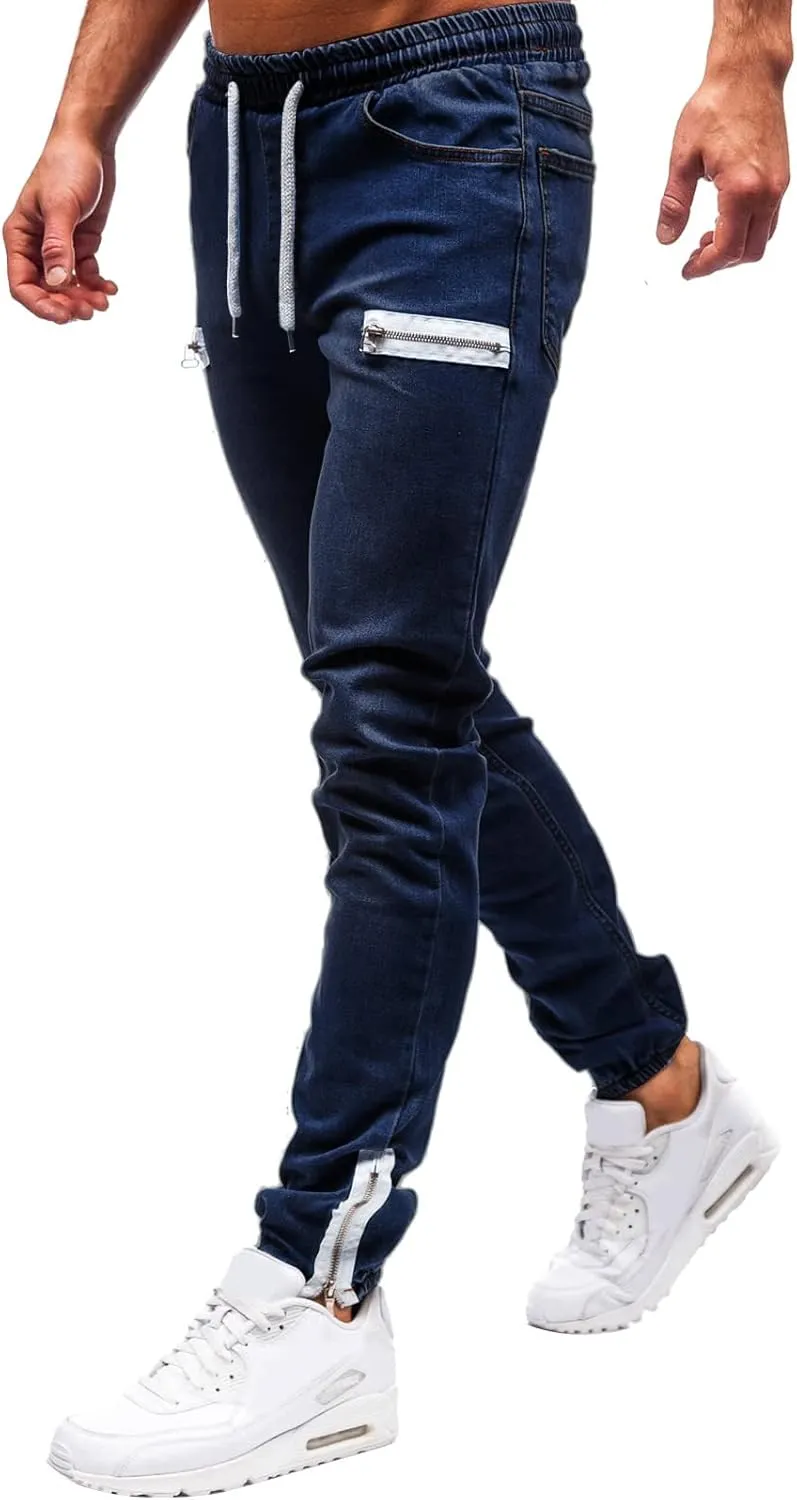 Jeans for Men Stretch Fit Ripped Distressed Jeans Slim Fit Casual Long Denim Pants Tapered Trousers with Pocket