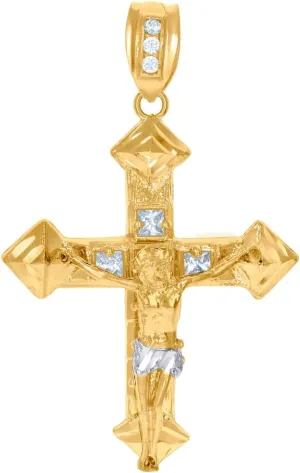 JewelryWeb 10k Two tone Gold Unisex Princess Cut CZ Simulated Diamond Crucifix Cross Religious Charm Pendant Necklace Measur-Pendant for Women