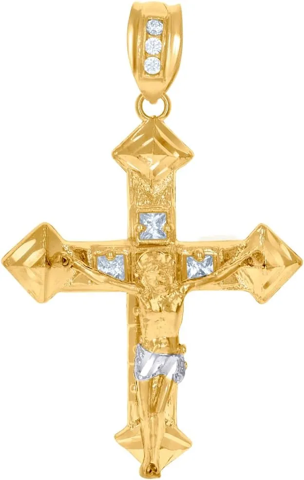 JewelryWeb 10k Two tone Gold Unisex Princess Cut CZ Simulated Diamond Crucifix Cross Religious Charm Pendant Necklace Measur-Pendant for Women