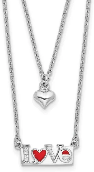 JewelryWeb 925 Sterling Silver Enameled CZ Simulated Diamond Heart Love Layered With 2 In Extension Necklace 16 Inch 7mm Wide Pendant-Necklace for Women