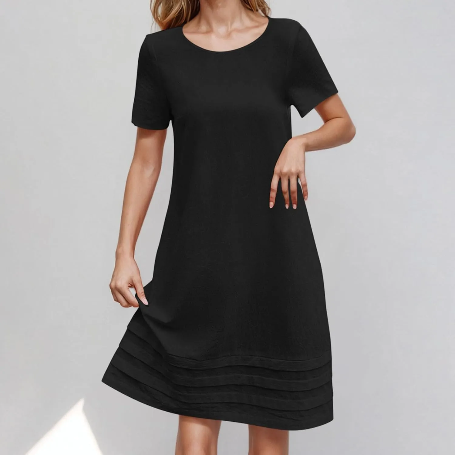 JOAU Womens Summer Cotton Linen Dress 2025 Trendy Short Sleeve Crew Neck Mini T Shirt Dresses Casual Tiered Pleated Hem Dress