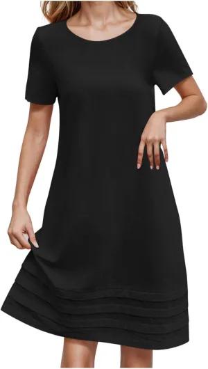 JOAU Womens Summer Cotton Linen Dress 2025 Trendy Short Sleeve Crew Neck Mini T Shirt Dresses Casual Tiered Pleated Hem Dress