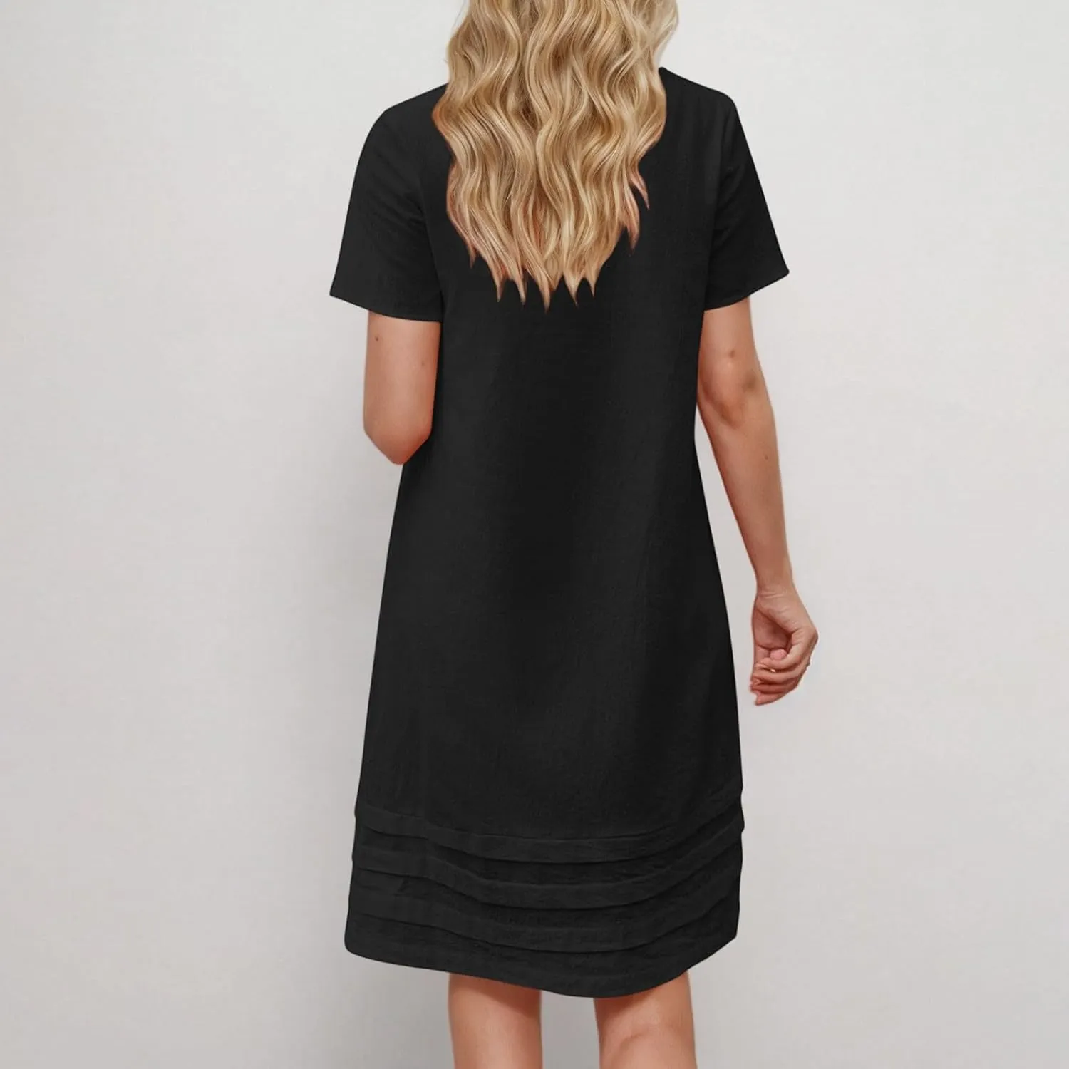 JOAU Womens Summer Cotton Linen Dress 2025 Trendy Short Sleeve Crew Neck Mini T Shirt Dresses Casual Tiered Pleated Hem Dress