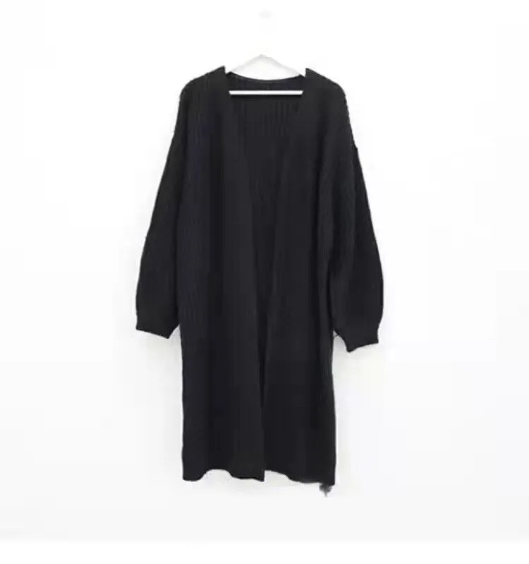 Joskaa 2024 Autumn Winter Fashion New Female Cardigans V-neck Loose Knit Sweater Coats Women Lantern Sleeves Long Knit Jacket