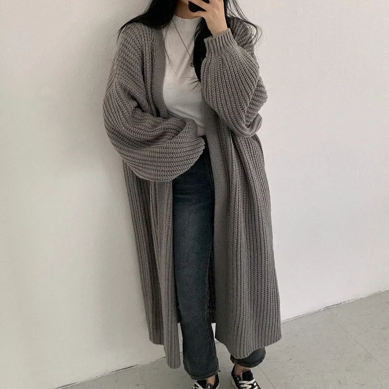 Joskaa 2024 Autumn Winter Fashion New Female Cardigans V-neck Loose Knit Sweater Coats Women Lantern Sleeves Long Knit Jacket