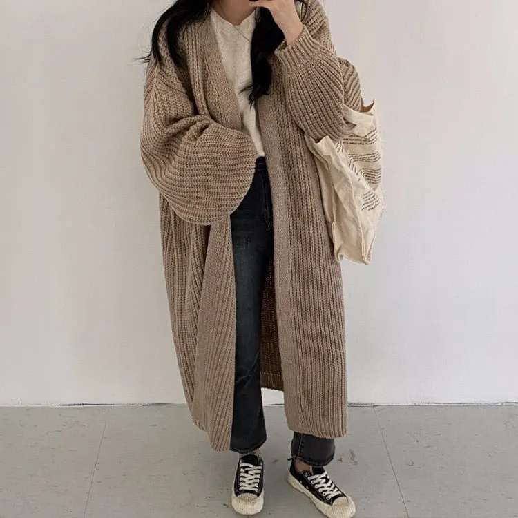 Joskaa 2024 Autumn Winter Fashion New Female Cardigans V-neck Loose Knit Sweater Coats Women Lantern Sleeves Long Knit Jacket