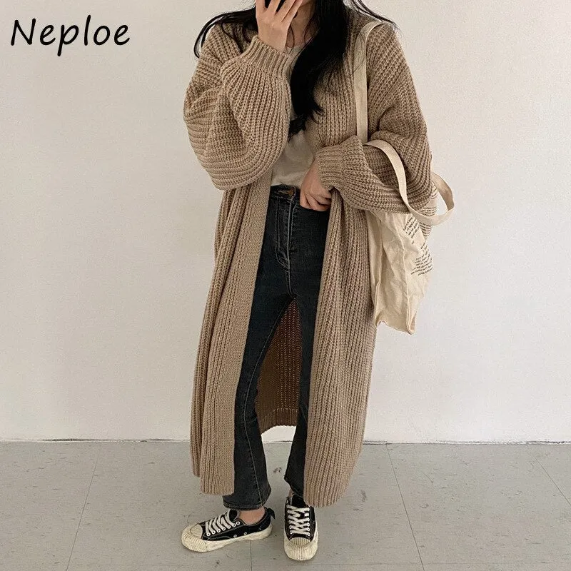 Joskaa 2024 Autumn Winter Fashion New Female Cardigans V-neck Loose Knit Sweater Coats Women Lantern Sleeves Long Knit Jacket