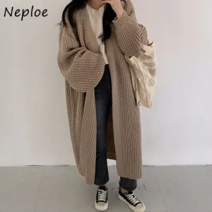 Joskaa 2024 Autumn Winter Fashion New Female Cardigans V-neck Loose Knit Sweater Coats Women Lantern Sleeves Long Knit Jacket