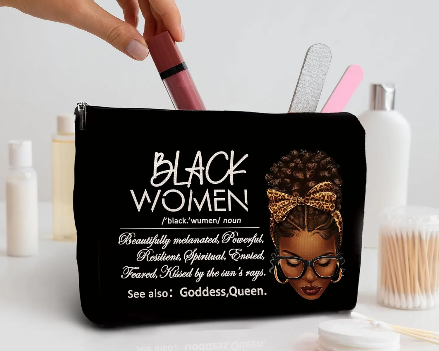 kdqua African American Makeup Bag, Inspirational Black Woman Gifts for Girl Afro Queen Linen Cosmetic Bag Zipper Pouch Travel Organizer Toiletry BagAfrican American Black Gifts for Girls Friends