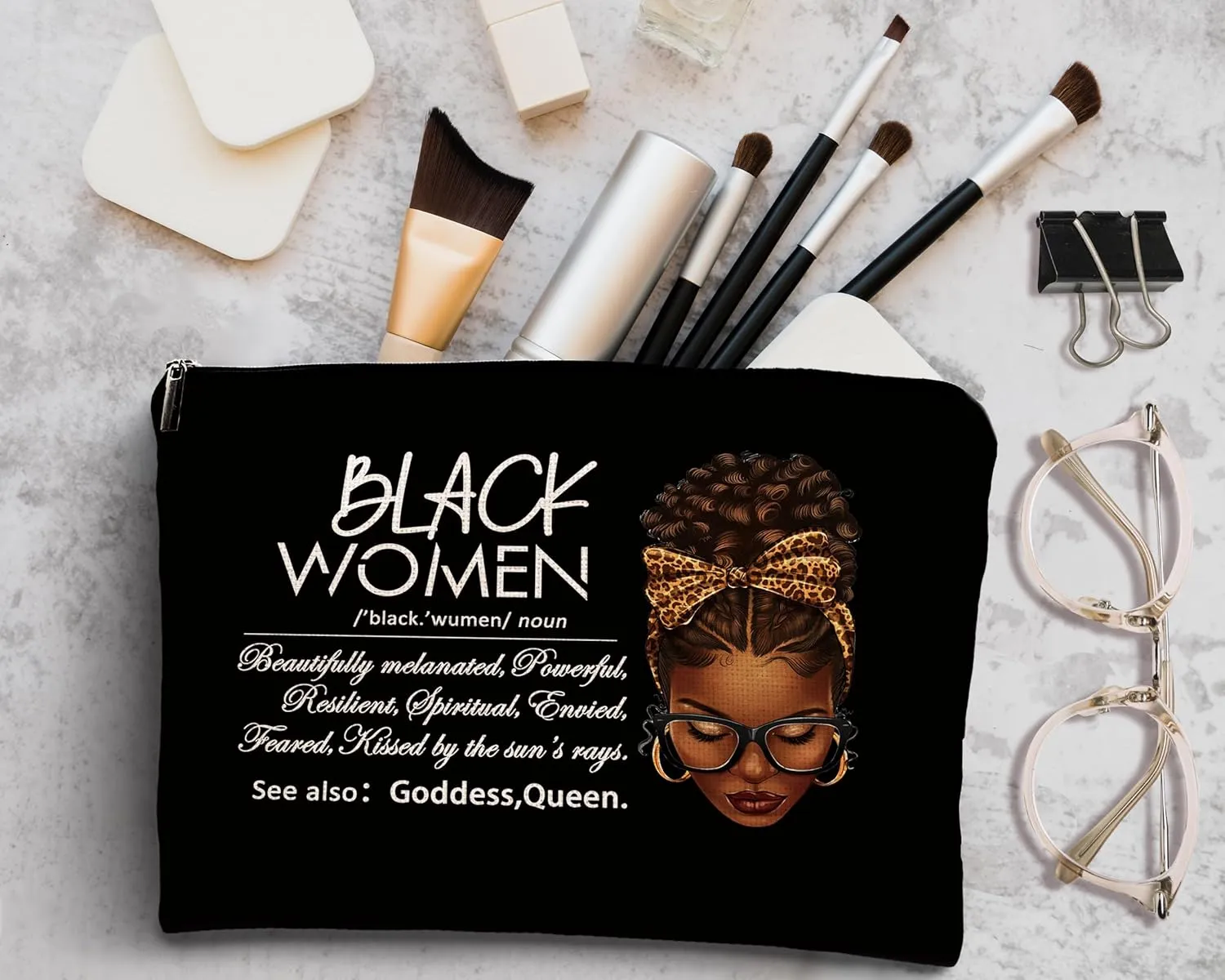 kdqua African American Makeup Bag, Inspirational Black Woman Gifts for Girl Afro Queen Linen Cosmetic Bag Zipper Pouch Travel Organizer Toiletry BagAfrican American Black Gifts for Girls Friends