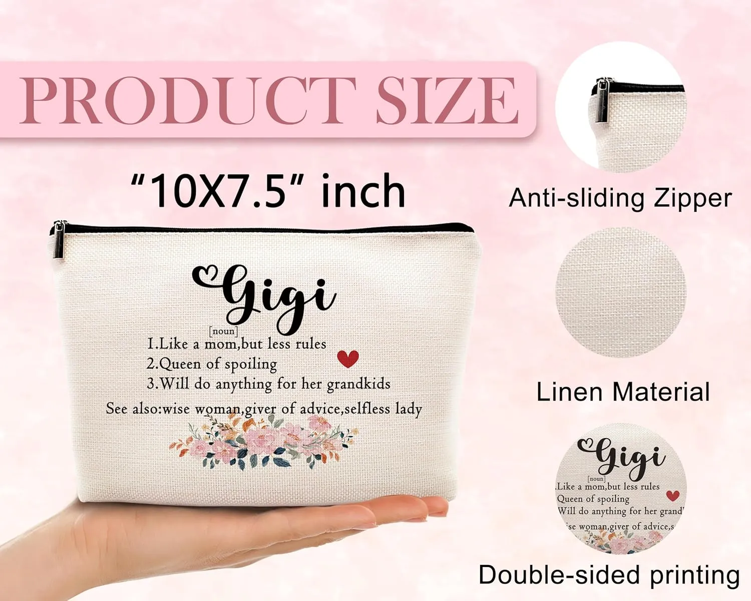 Kdqua Gigi Gifts for Grandma Linen Cosmetic Bag Zipper Pouch Travel Organizer Toiletry Bag