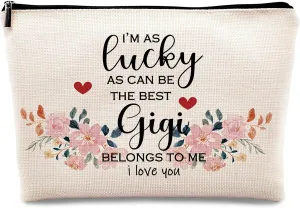 kdqua Gigi Gifts Makeup Bag, Gigi Gifts for Grandma Nana Granny, Mother's Day Gigi Gift Birthday Gift Linen Cosmetic Bag Zipper Pouch Travel Toiletry Bag, I'm as Lucky as Can Be the Best Grandma