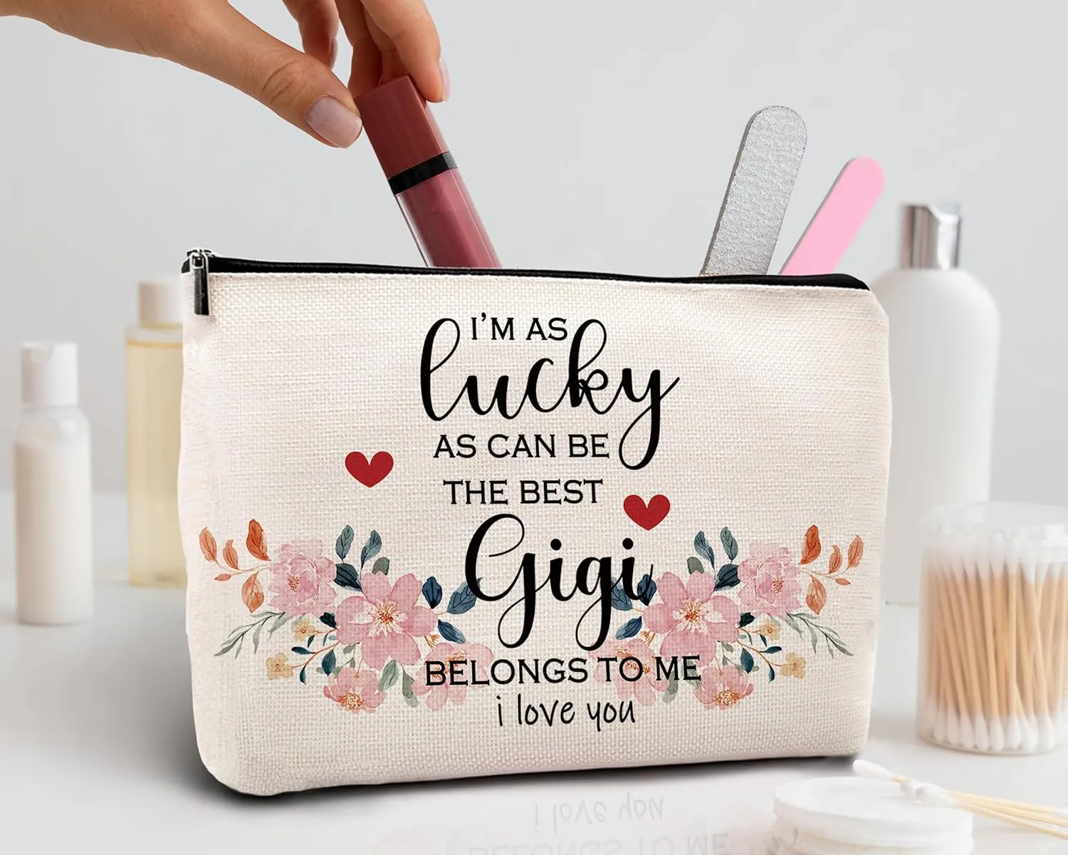 kdqua Gigi Gifts Makeup Bag, Gigi Gifts for Grandma Nana Granny, Mother's Day Gigi Gift Birthday Gift Linen Cosmetic Bag Zipper Pouch Travel Toiletry Bag, I'm as Lucky as Can Be the Best Grandma