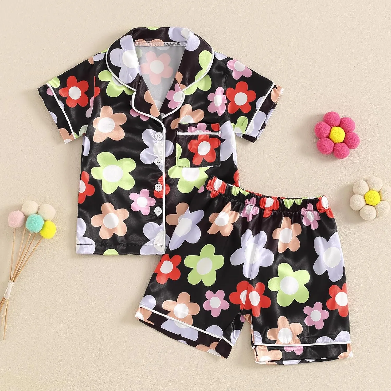 Kids Toddler Girls Pajamas Baby Short Sleeve Lapel Button Down Tops   Shorts Satin Silk Sleepwear Summer Loungewear